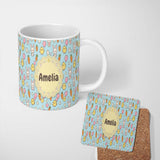 Personalized Custom Name Cute Easter Bunny Chick Eggs Carrot Cute Seamless Pattern Blue 11oz Ceramic Coffee Tea Mug White Large Handle