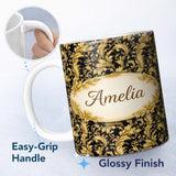 Personalized Custom Name Classic Gold Black Baroque Seamless Pattern Elegant Luxury Lovely 11oz Ceramic Coffee Tea Mug White Large Handle