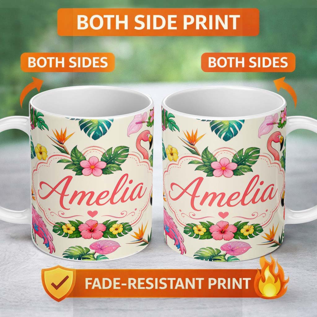 Personalized Custom Name Tropical Flamingo Bird with Exotic Flowers Leaves Pattern Cream 11oz Ceramic Coffee Tea Mug White Large Handle