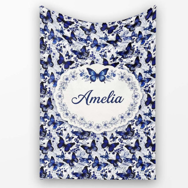 Blue Butterfly Garden Floral Detailed Seamless Pattern Lovely  Personalised Custom Name Super Soft Fleece Blanket Bed Sofa Throw