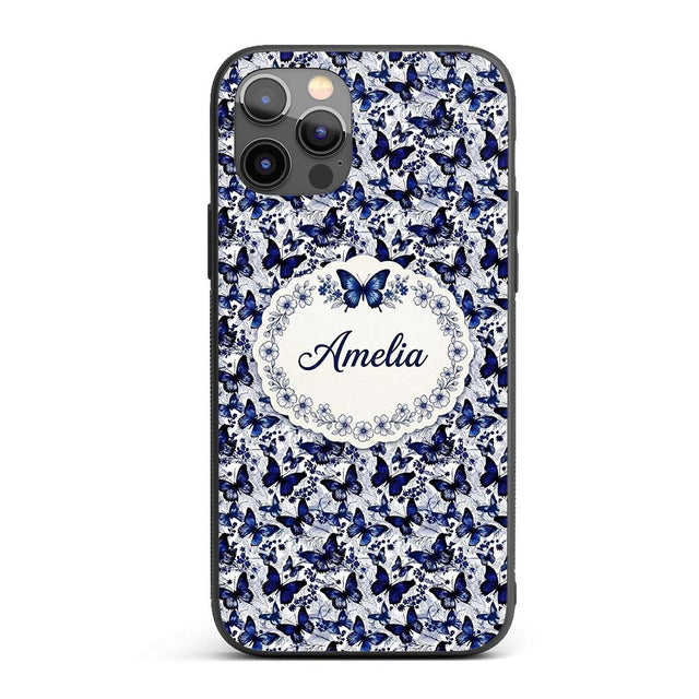Blue Butterfly Garden Floral Detailed Seamless Custom Name Protective Phone Case Mobile Cover Durable Everyday Smartphone Shock Resistant