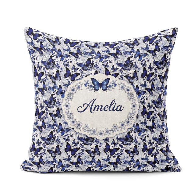 Custom Name Blue Butterfly Garden Floral Detailed Pattern Lovely Square Filled Cushion Throw Pillow Sofa Bed Home Decor Zip Washable UK Made