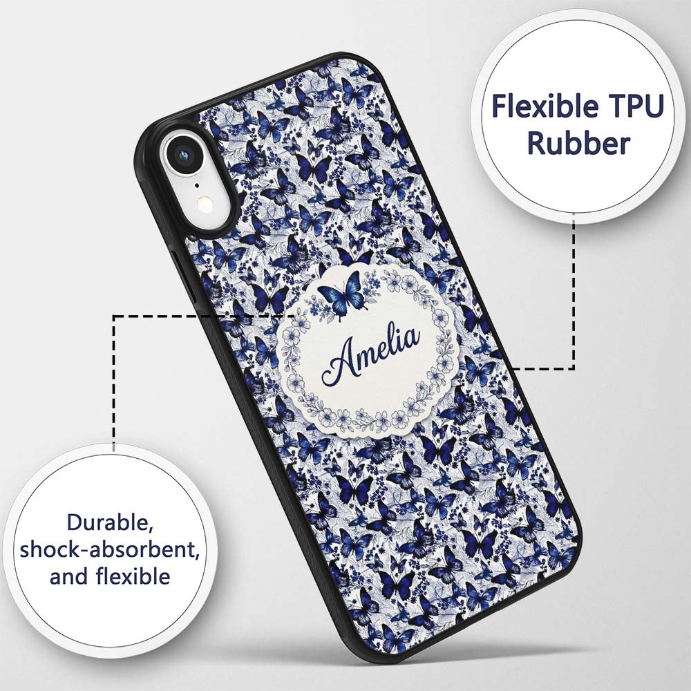 Blue Butterfly Garden Floral Detailed Seamless Custom Name Protective Phone Case Mobile Cover Durable Everyday Smartphone Shock Resistant