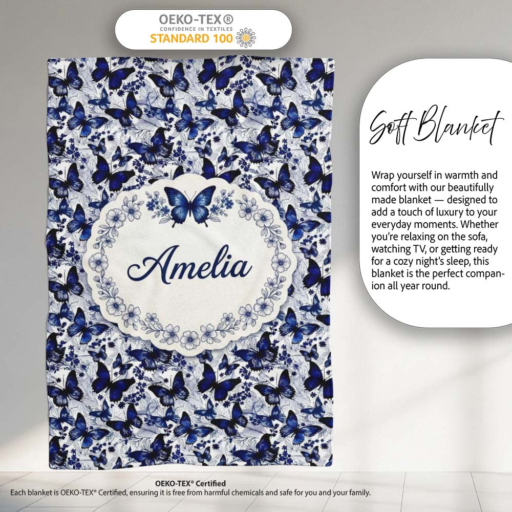 Blue Butterfly Garden Floral Detailed Seamless Pattern Lovely  Personalised Custom Name Super Soft Fleece Blanket Bed Sofa Throw