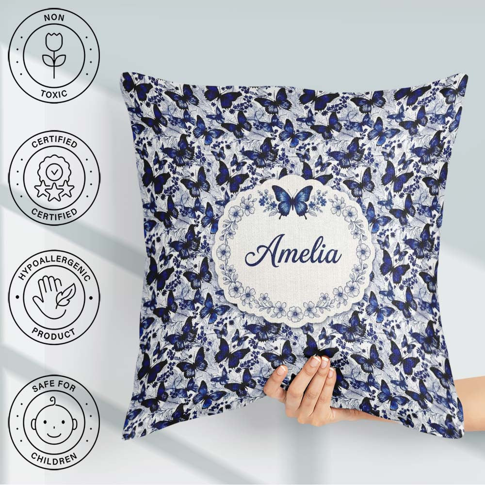 Custom Name Blue Butterfly Garden Floral Detailed Pattern Lovely Square Filled Cushion Throw Pillow Sofa Bed Home Decor Zip Washable UK Made