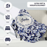 Blue Butterfly Garden Floral Detailed Seamless Pattern Lovely  Personalised Custom Name Super Soft Fleece Blanket Bed Sofa Throw