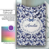 Blue Butterfly Garden Floral Detailed Seamless Pattern Lovely  Personalised Custom Name Super Soft Fleece Blanket Bed Sofa Throw
