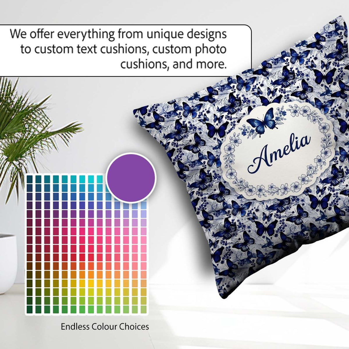Custom Name Blue Butterfly Garden Floral Detailed Pattern Lovely Square Filled Cushion Throw Pillow Sofa Bed Home Decor Zip Washable UK Made
