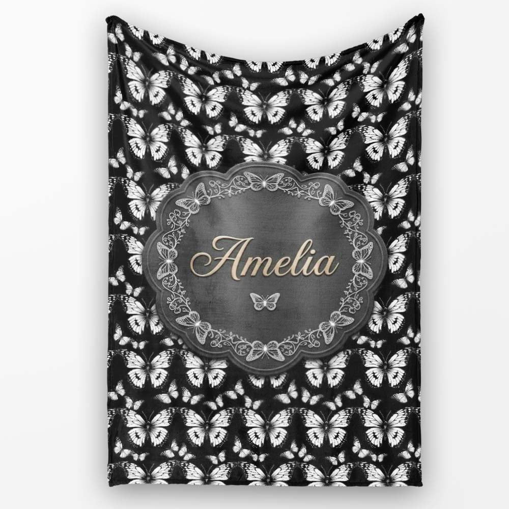 Black and White Butterfly Elegant Repeating Seamless Pattern Lovely  Personalised Custom Name Super Soft Fleece Blanket Bed Sofa Throw