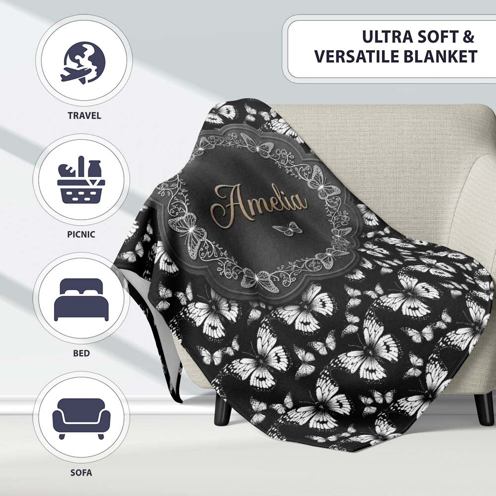 Black and White Butterfly Elegant Repeating Seamless Pattern Lovely  Personalised Custom Name Super Soft Fleece Blanket Bed Sofa Throw