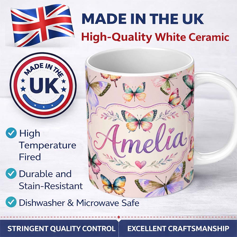 Personalized Custom Name Colorful Watercolor Butterflies on Blush Pink Background Seamless 11oz Ceramic Coffee Tea Mug White Large Handle