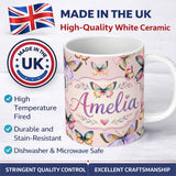 Personalized Custom Name Colorful Watercolor Butterflies on Blush Pink Background Seamless 11oz Ceramic Coffee Tea Mug White Large Handle