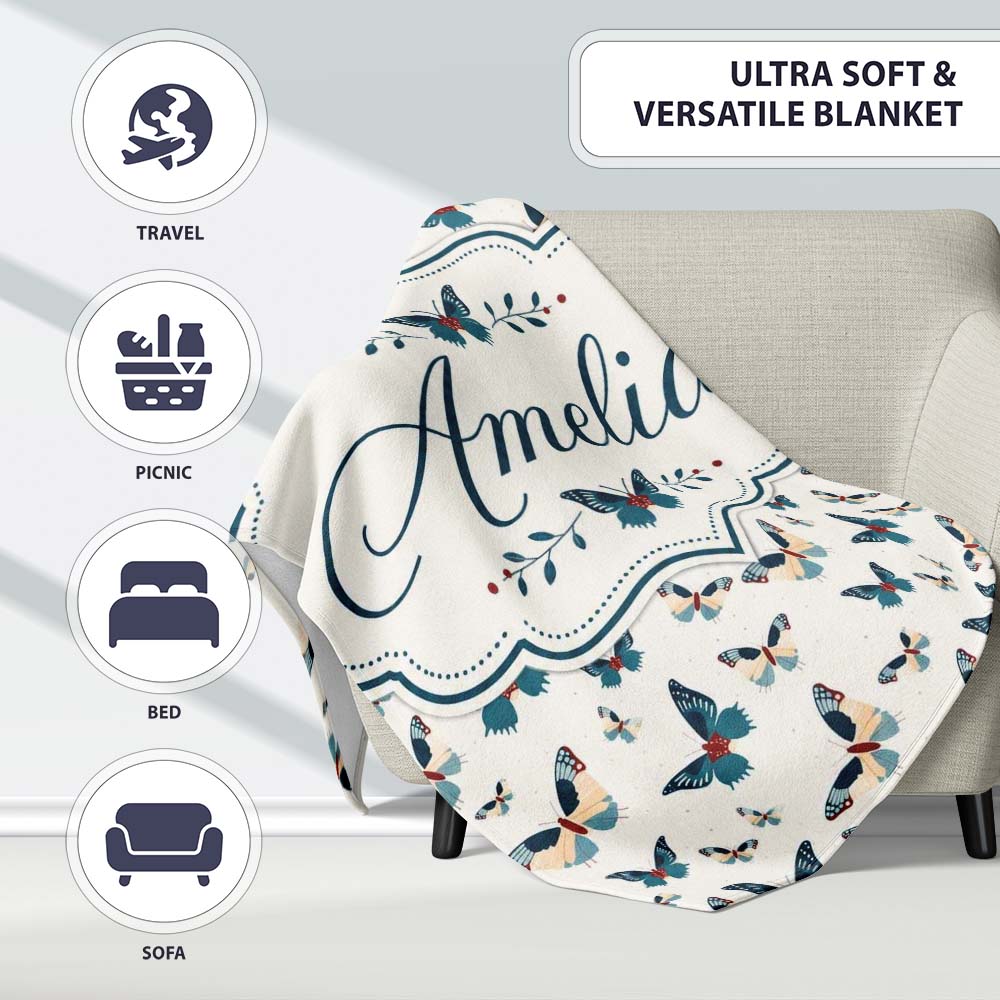 Cute Small Butterfly Scattered Minimal Seamless Pattern Lovely  Personalised Custom Name Super Soft Fleece Blanket Bed Sofa Throw