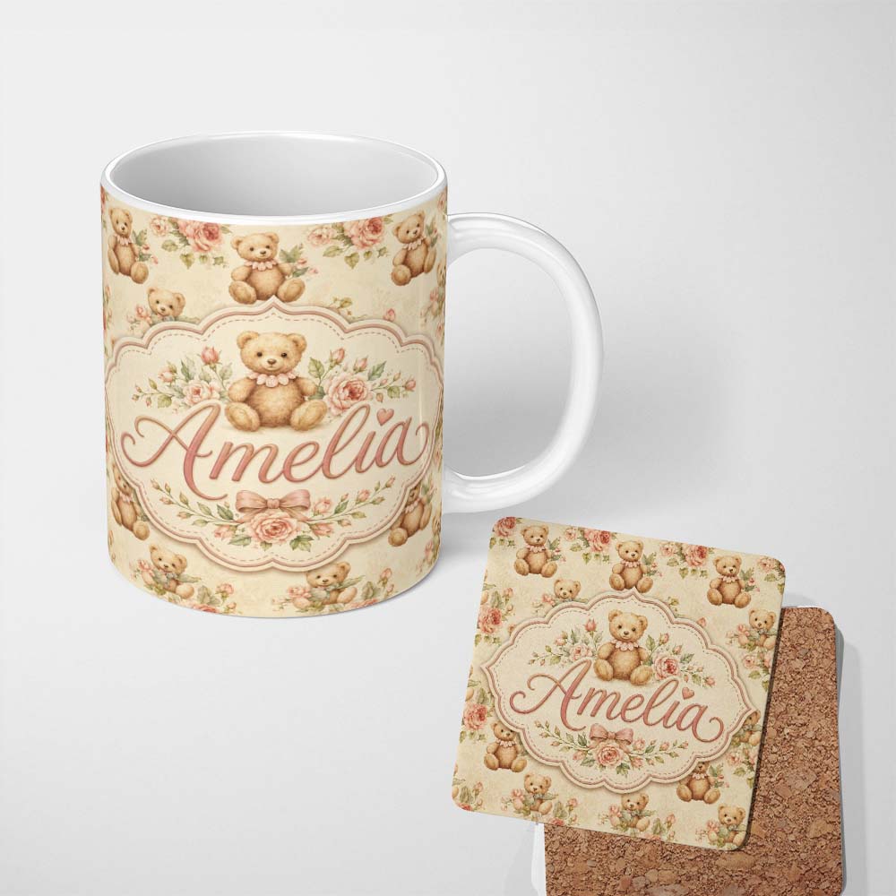 Personalized Custom Name Vintage Teddy Bears with Soft Rose Floral Background Seamless Lovely 11oz Ceramic Coffee Tea Mug White Large Handle