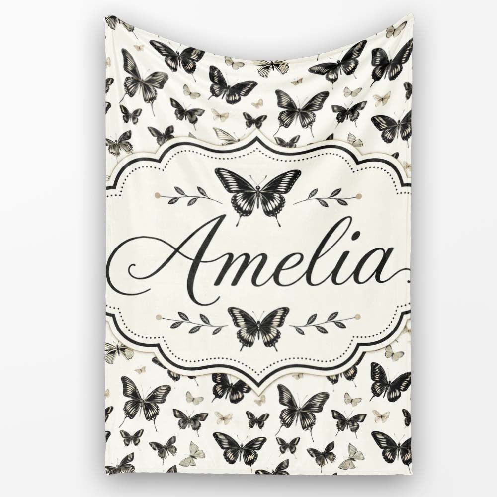 Black and White Butterfly Vintage Style Seamless Pattern Lovely  Personalised Custom Name Super Soft Fleece Blanket Bed Sofa Throw