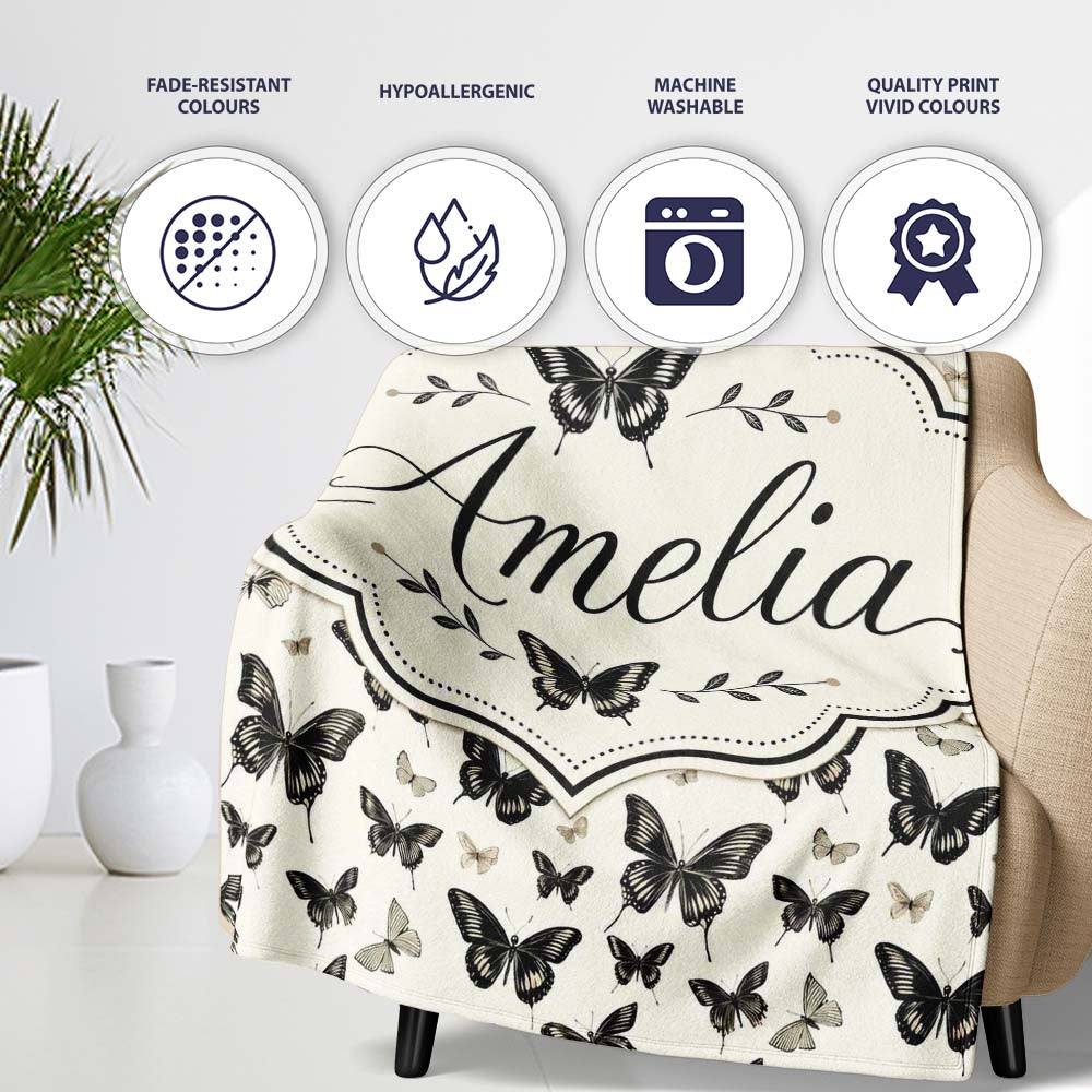 Black and White Butterfly Vintage Style Seamless Pattern Lovely  Personalised Custom Name Super Soft Fleece Blanket Bed Sofa Throw