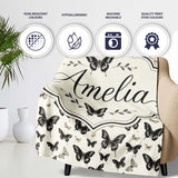 Black and White Butterfly Vintage Style Seamless Pattern Lovely  Personalised Custom Name Super Soft Fleece Blanket Bed Sofa Throw