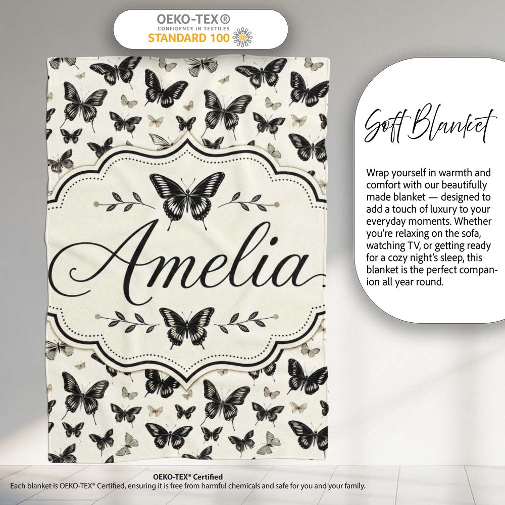 Black and White Butterfly Vintage Style Seamless Pattern Lovely  Personalised Custom Name Super Soft Fleece Blanket Bed Sofa Throw