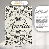 Black and White Butterfly Vintage Style Seamless Pattern Lovely  Personalised Custom Name Super Soft Fleece Blanket Bed Sofa Throw