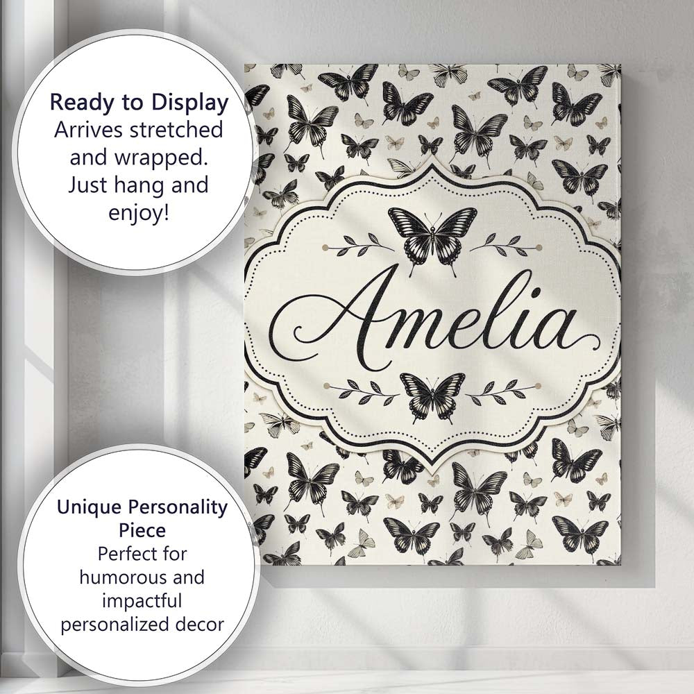 Personalised Name Black and White Butterfly Custom  Bespoke Interior Contemporary Canvas Wall Art Print Decor Picture Ready to Hang