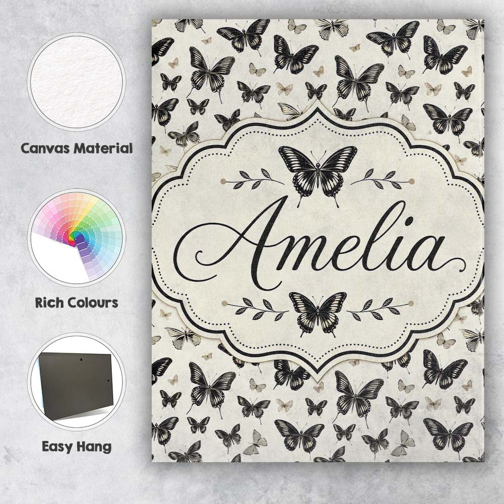 Personalised Name Black and White Butterfly Custom  Bespoke Interior Contemporary Canvas Wall Art Print Decor Picture Ready to Hang