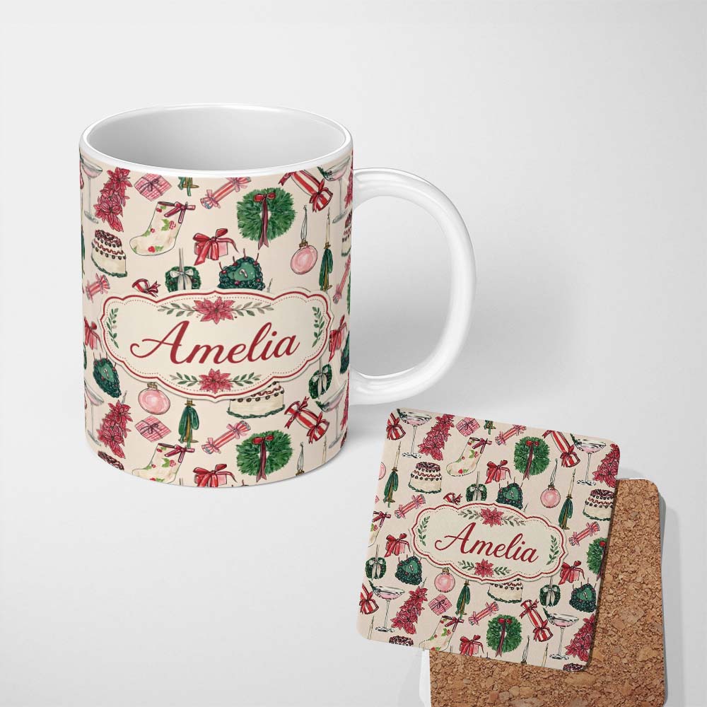 Personalized Custom Name Festive Holiday Cakes Wreaths Candles Gifts Seamless Pattern Lovely 11oz Ceramic Coffee Tea Mug White Large Handle