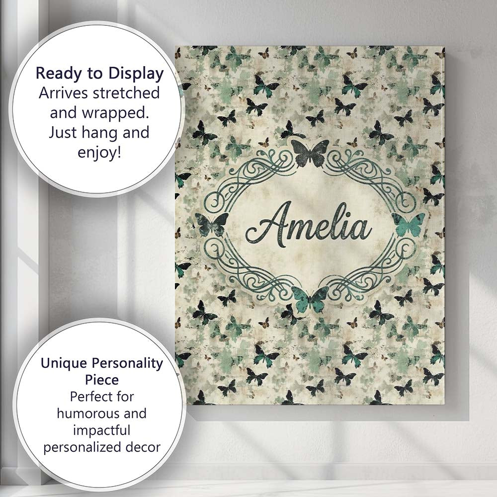 Personalised Name Grunge Green Butterfly Custom  Unique Gift Idea Elegant Feature Canvas Wall Art Print Decor Picture Ready to Hang