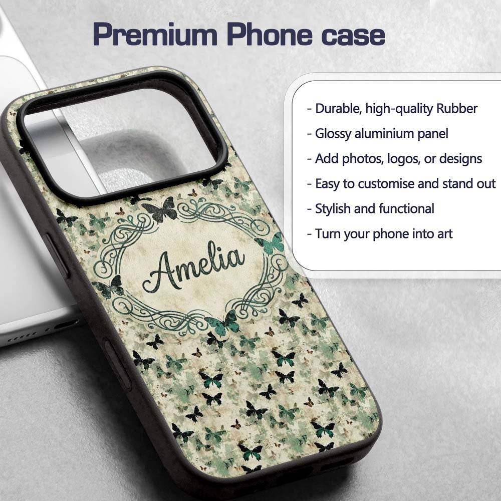 Grunge Green Butterfly Artistic Texture Seamless Custom Name Protective Phone Case Mobile Cover Durable Everyday Smartphone Shock Resistant
