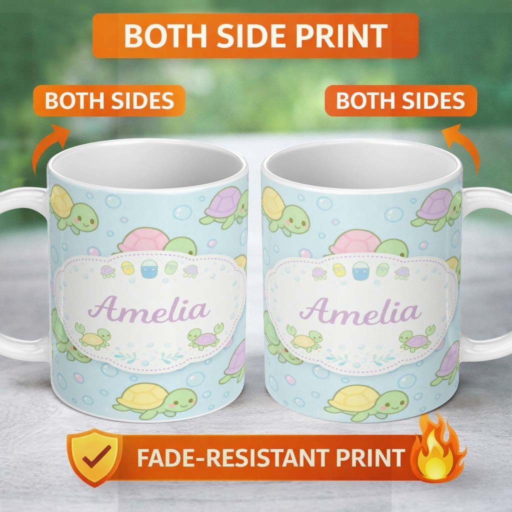 Personalized Custom Name Cute Pastel Turtle Cartoon Animal Ocean Pattern Beautiful Coffee Cup 11oz Ceramic Coffee Tea Mug White Large Handle