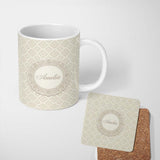 Personalized Custom Name Elegant Beige Damask Floral Classic Seamless Pattern Lovely 11oz Ceramic Coffee Tea Mug White Large Handle