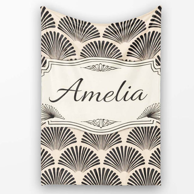 Scallop Fan Shell Black Cream Art Deco Pattern Perfect Gift for Her  Personalised Custom Name Super Soft Fleece Blanket Bed Sofa Throw