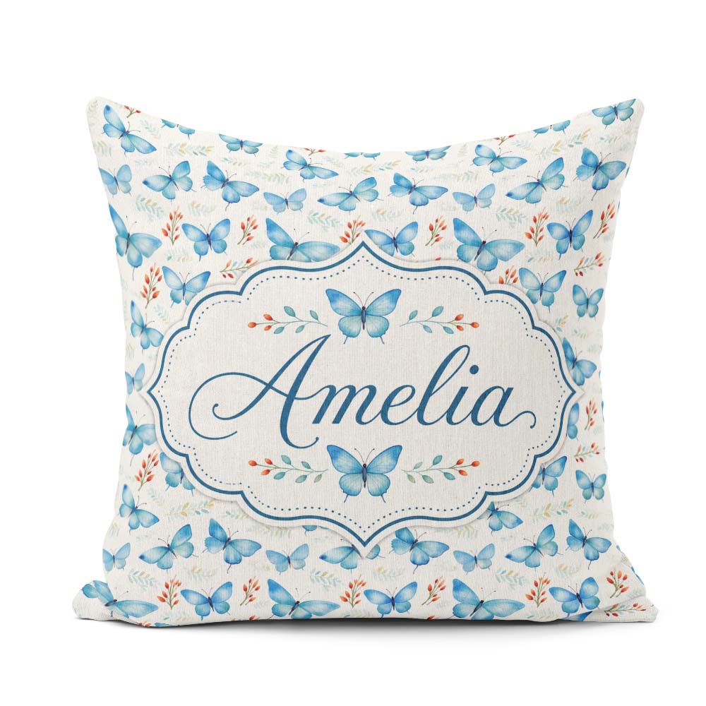 Custom Name Blue Butterfly Watercolor Delicate Seamless Pattern Square Filled Cushion Throw Pillow Sofa Bed Home Decor Zip Washable UK Made