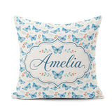 Custom Name Blue Butterfly Watercolor Delicate Seamless Pattern Square Filled Cushion Throw Pillow Sofa Bed Home Decor Zip Washable UK Made