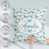 Custom Name Blue Butterfly Watercolor Delicate Seamless Pattern Square Filled Cushion Throw Pillow Sofa Bed Home Decor Zip Washable UK Made