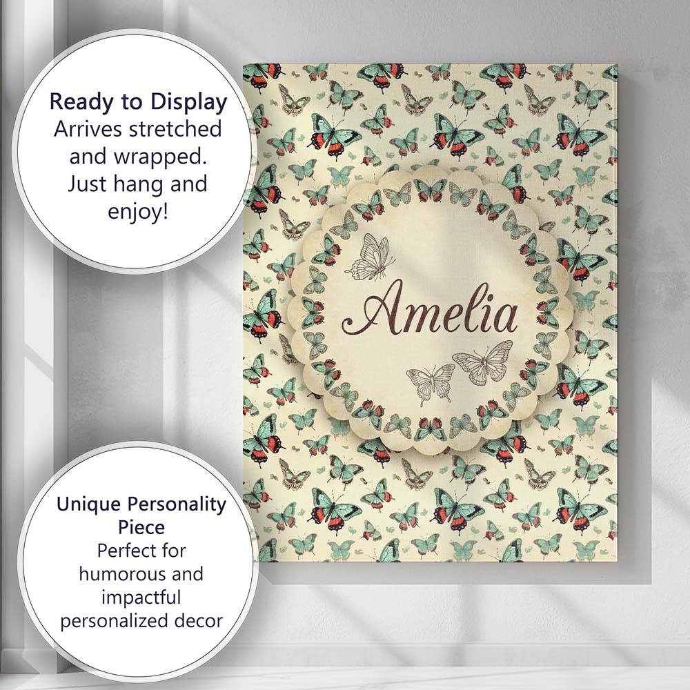 Personalised Name Teal and Coral Butterfly Custom  Unique Gift Idea Elegant Feature Canvas Wall Art Print Decor Picture Ready to Hang