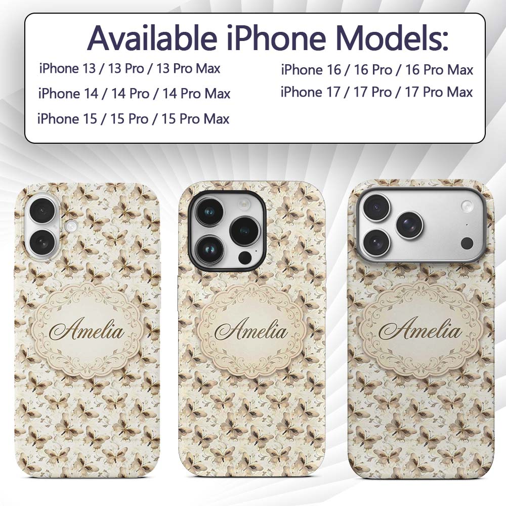 Elegant Gold Butterfly Floral Decorative Seamless Custom Name Protective Phone Case Mobile Cover Durable Everyday Smartphone Shock Resistant