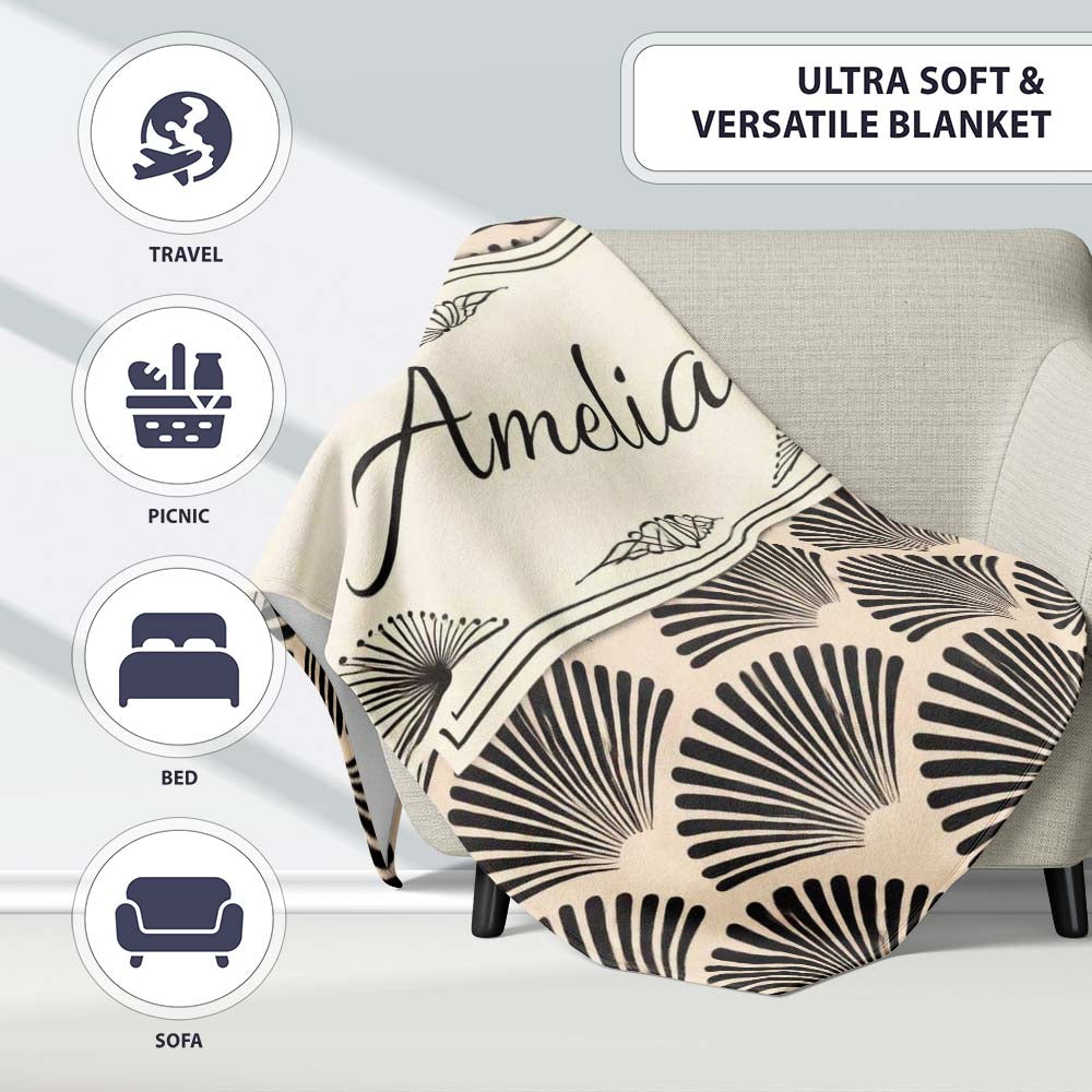 Scallop Fan Shell Black Cream Art Deco Pattern Perfect Gift for Her  Personalised Custom Name Super Soft Fleece Blanket Bed Sofa Throw