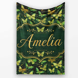 Green and Gold Butterfly Ornamental Luxury Seamless Pattern Lovely  Personalised Custom Name Super Soft Fleece Blanket Bed Sofa Throw