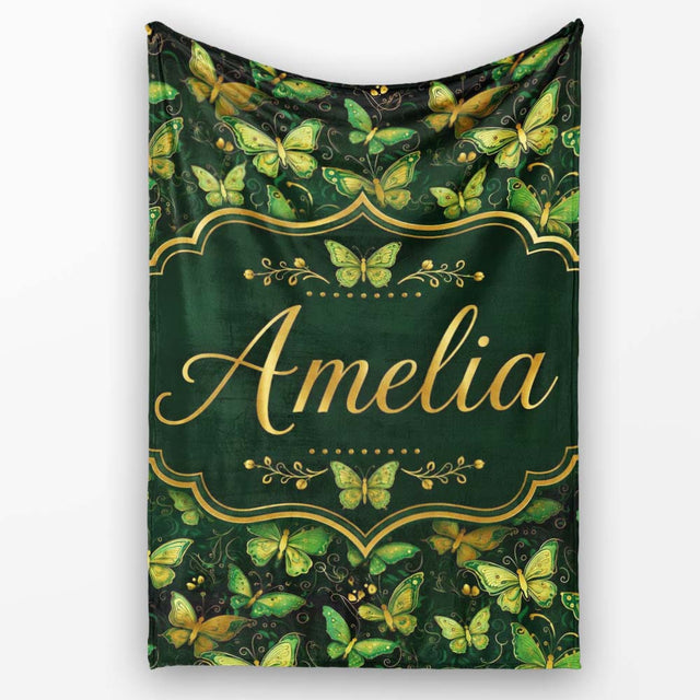 Green and Gold Butterfly Ornamental Luxury Seamless Pattern Lovely  Personalised Custom Name Super Soft Fleece Blanket Bed Sofa Throw
