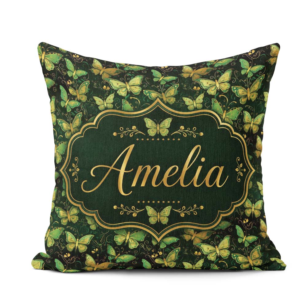 Custom Name Green and Gold Butterfly Ornamental Seamless Pattern Square Filled Cushion Throw Pillow Sofa Bed Home Decor Zip Washable UK Made