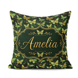 Custom Name Green and Gold Butterfly Ornamental Seamless Pattern Square Filled Cushion Throw Pillow Sofa Bed Home Decor Zip Washable UK Made