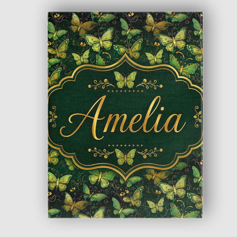 Personalised Name Green and Gold Butterfly Custom  Unique Gift Idea Elegant Feature Canvas Wall Art Print Decor Picture Ready to Hang