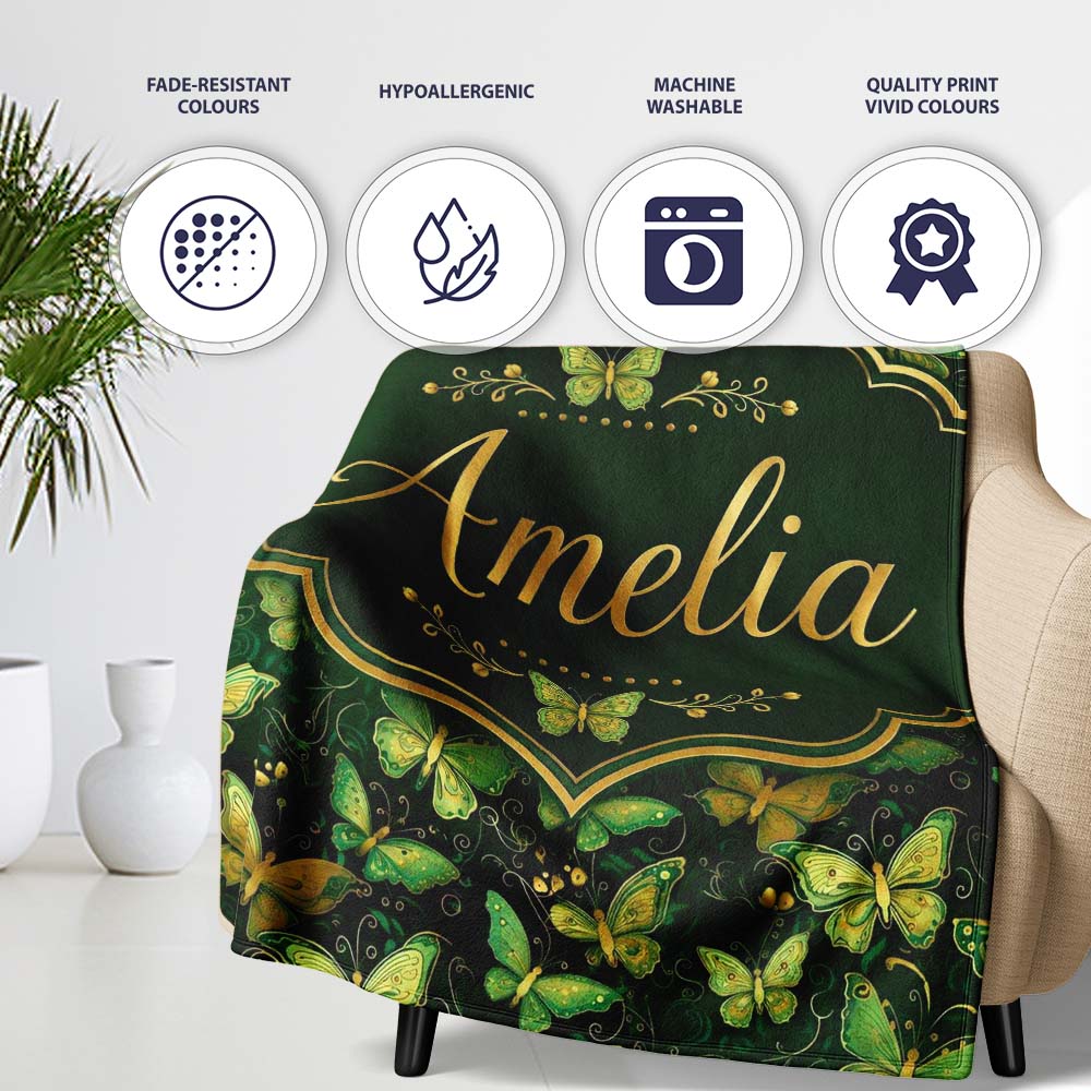 Green and Gold Butterfly Ornamental Luxury Seamless Pattern Lovely  Personalised Custom Name Super Soft Fleece Blanket Bed Sofa Throw