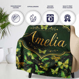Green and Gold Butterfly Ornamental Luxury Seamless Pattern Lovely  Personalised Custom Name Super Soft Fleece Blanket Bed Sofa Throw