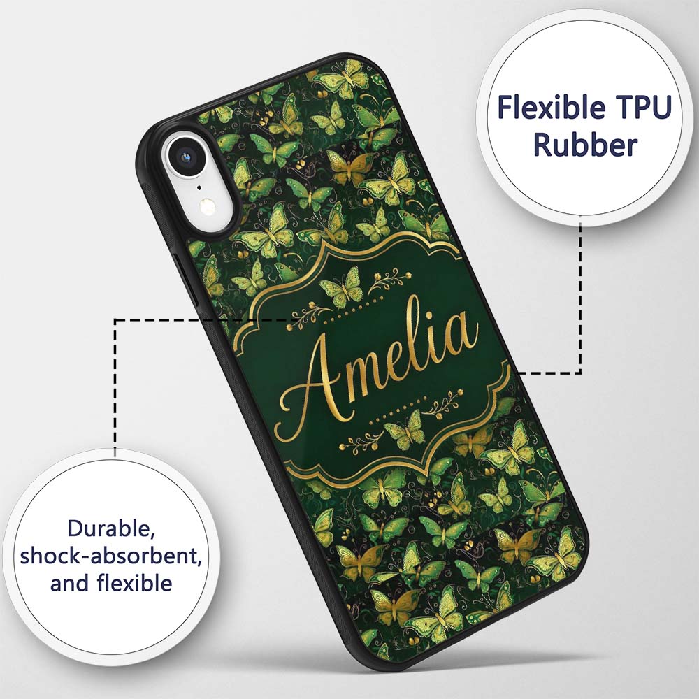 Green and Gold Butterfly Ornamental Luxury Printed Design Custom Name Protective Phone Case Mobile Cover Durable Smartphone Shock Resistant