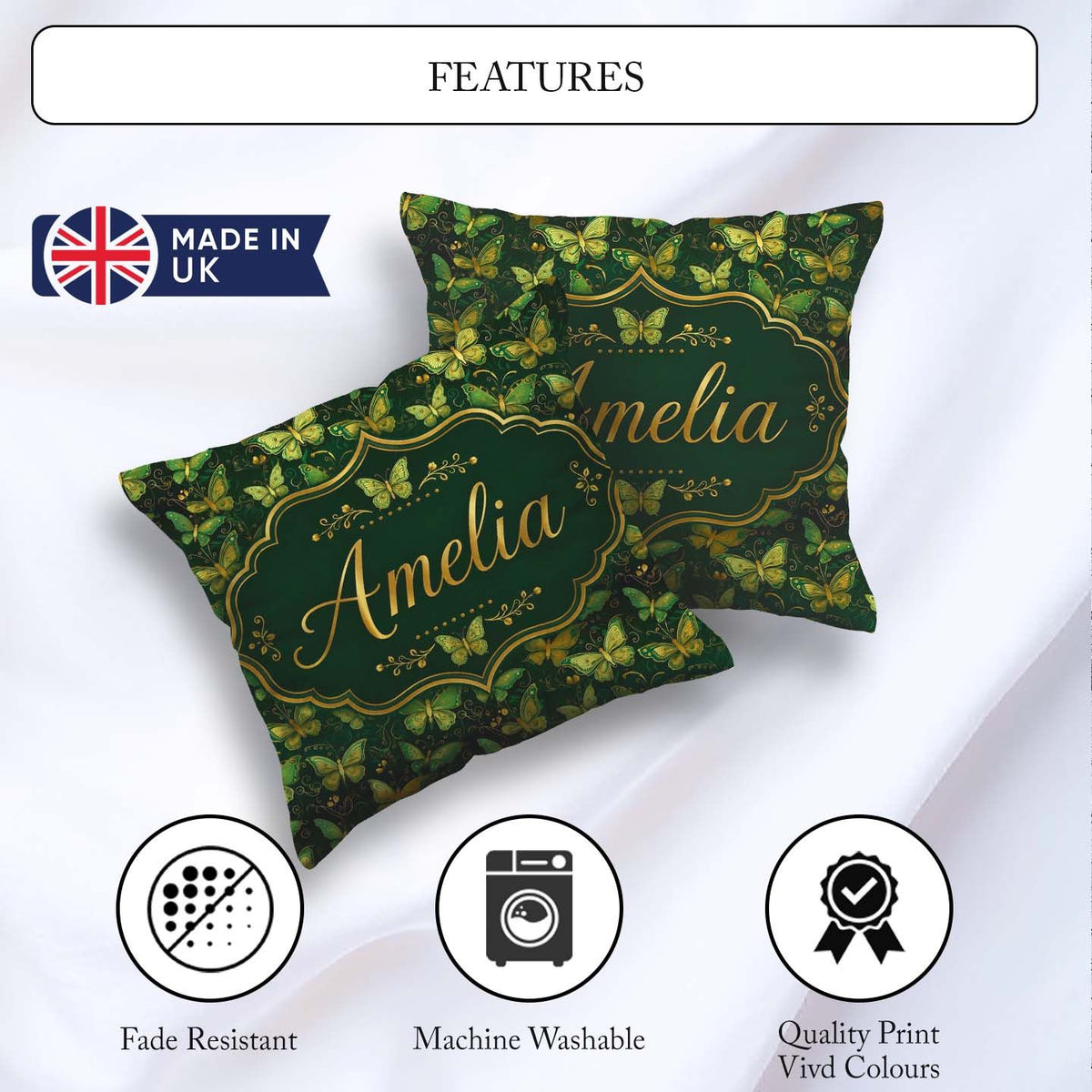 Custom Name Green and Gold Butterfly Ornamental Seamless Pattern Square Filled Cushion Throw Pillow Sofa Bed Home Decor Zip Washable UK Made