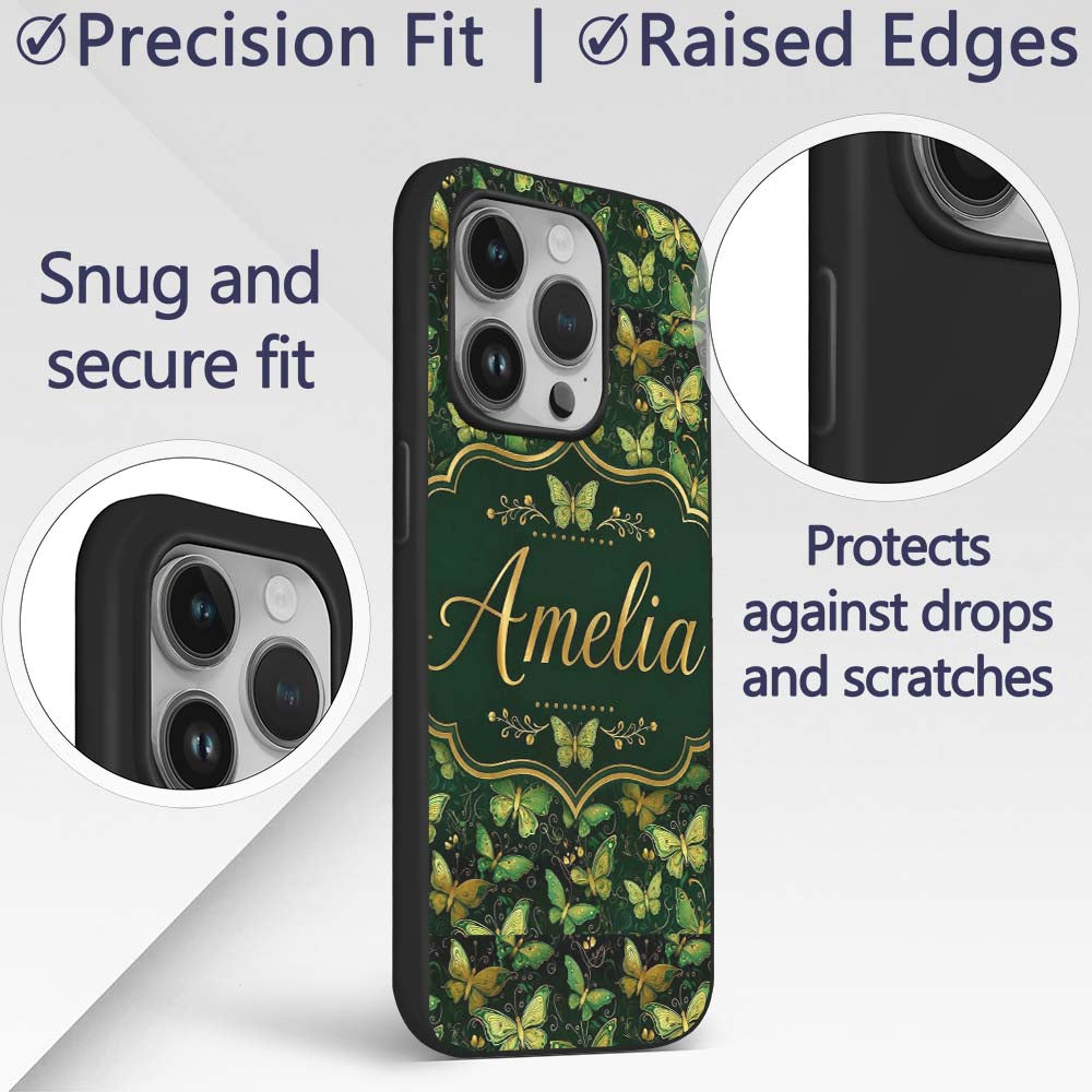 Green and Gold Butterfly Ornamental Luxury Printed Design Custom Name Protective Phone Case Mobile Cover Durable Smartphone Shock Resistant