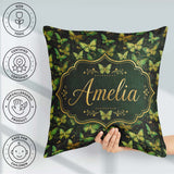Custom Name Green and Gold Butterfly Ornamental Seamless Pattern Square Filled Cushion Throw Pillow Sofa Bed Home Decor Zip Washable UK Made