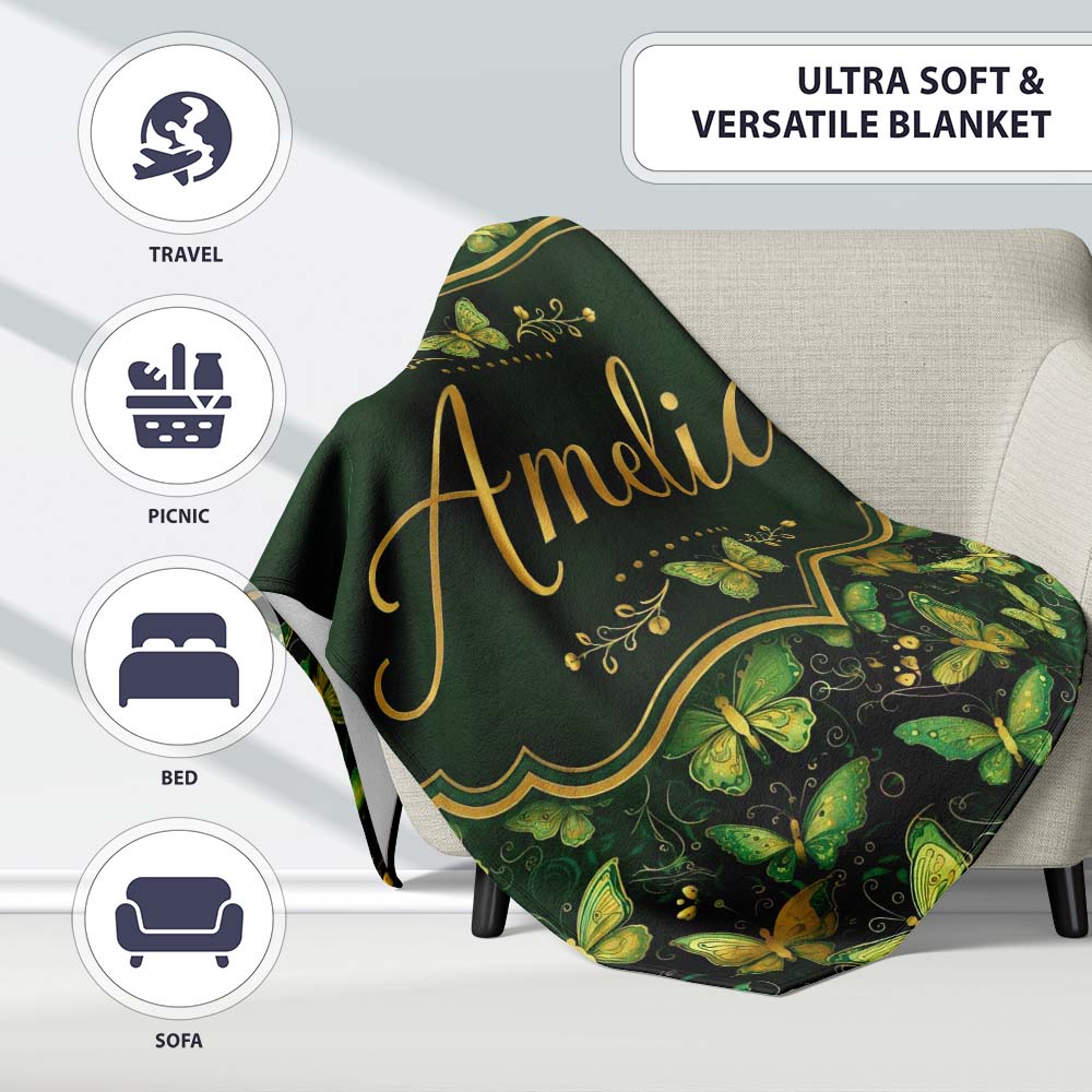 Green and Gold Butterfly Ornamental Luxury Seamless Pattern Lovely  Personalised Custom Name Super Soft Fleece Blanket Bed Sofa Throw