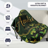 Green and Gold Butterfly Ornamental Luxury Seamless Pattern Lovely  Personalised Custom Name Super Soft Fleece Blanket Bed Sofa Throw